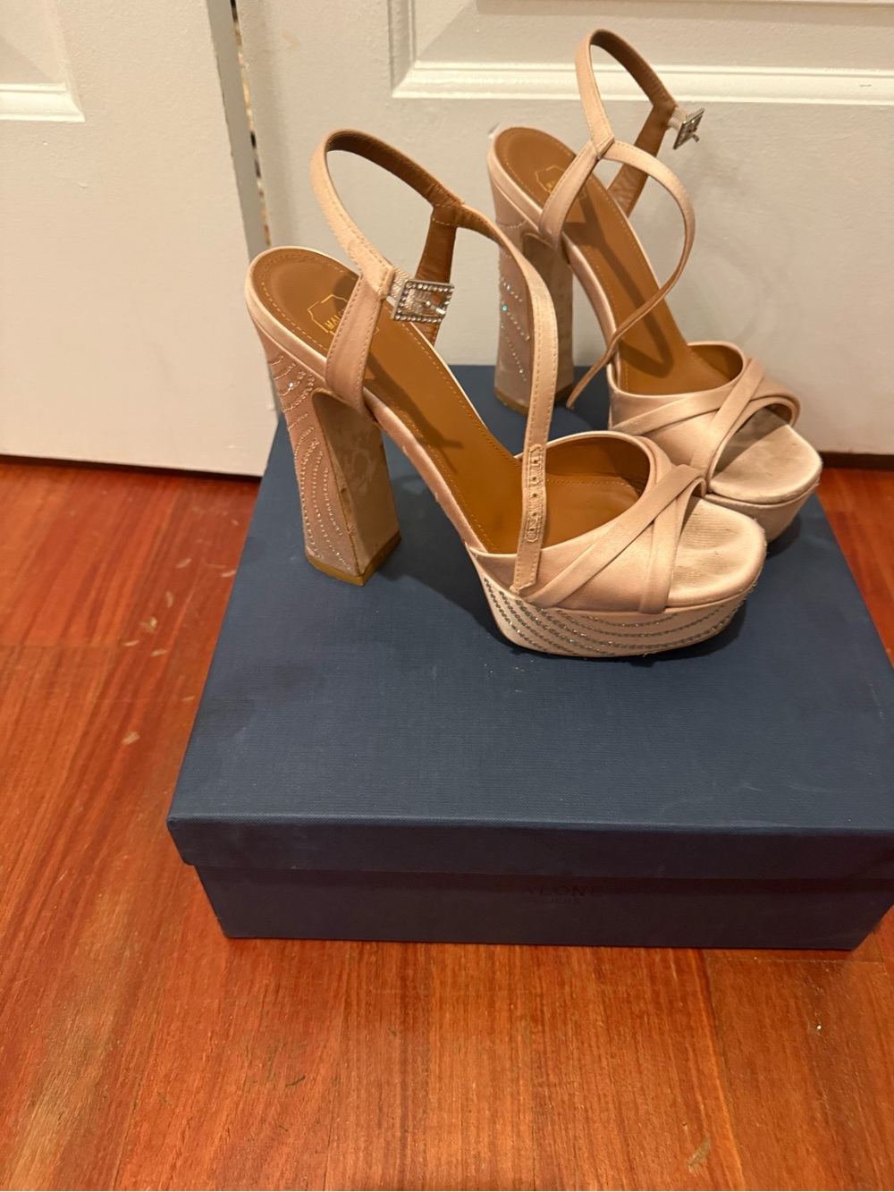 Malone Souliers Blush Beige Satin Rhinestone Platform Block Heel Sandals